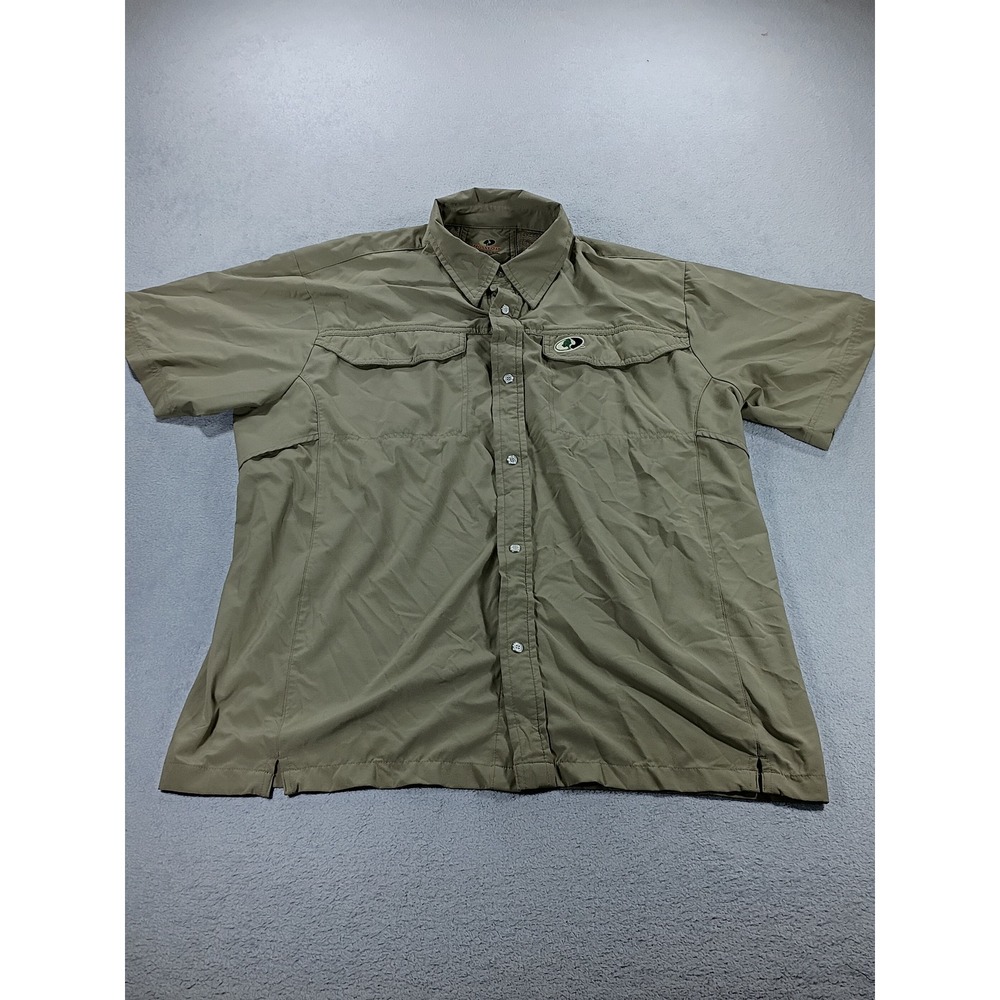 Mossy Oak Mens Fishing Shirt Khaki Green Large Vented Back Short Sleeve